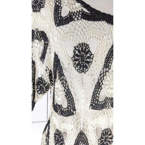 Vintage black ivory crochet beaded knit sheer short sleeve blouse - Picture 3 of 6